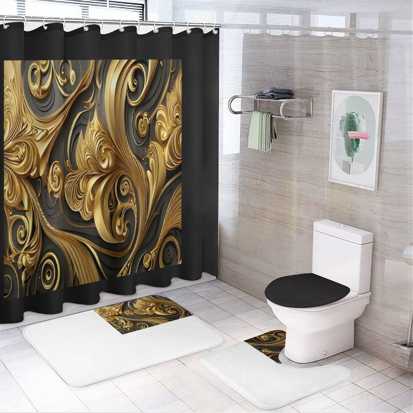 Shower Curtain Set with 3 Rugs