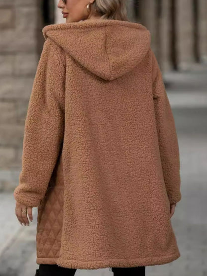 Texture Zip Up Long Sleeve Hooded Coat (caramel/off white/black/green)-SMALL-2XL)