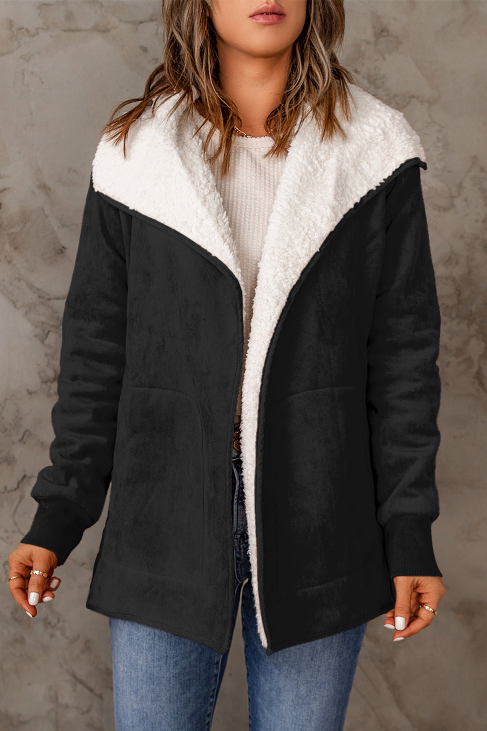 Open Front Long Sleeve Sherpa Jacket (caramel/blush pink/grey/black)-SMALL-XL