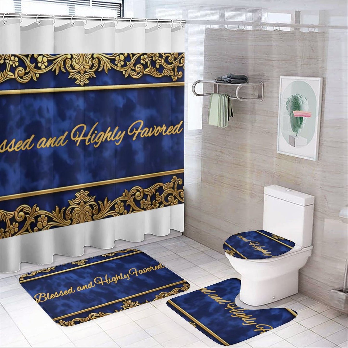 Shower Curtain Set with 3 Rugs
