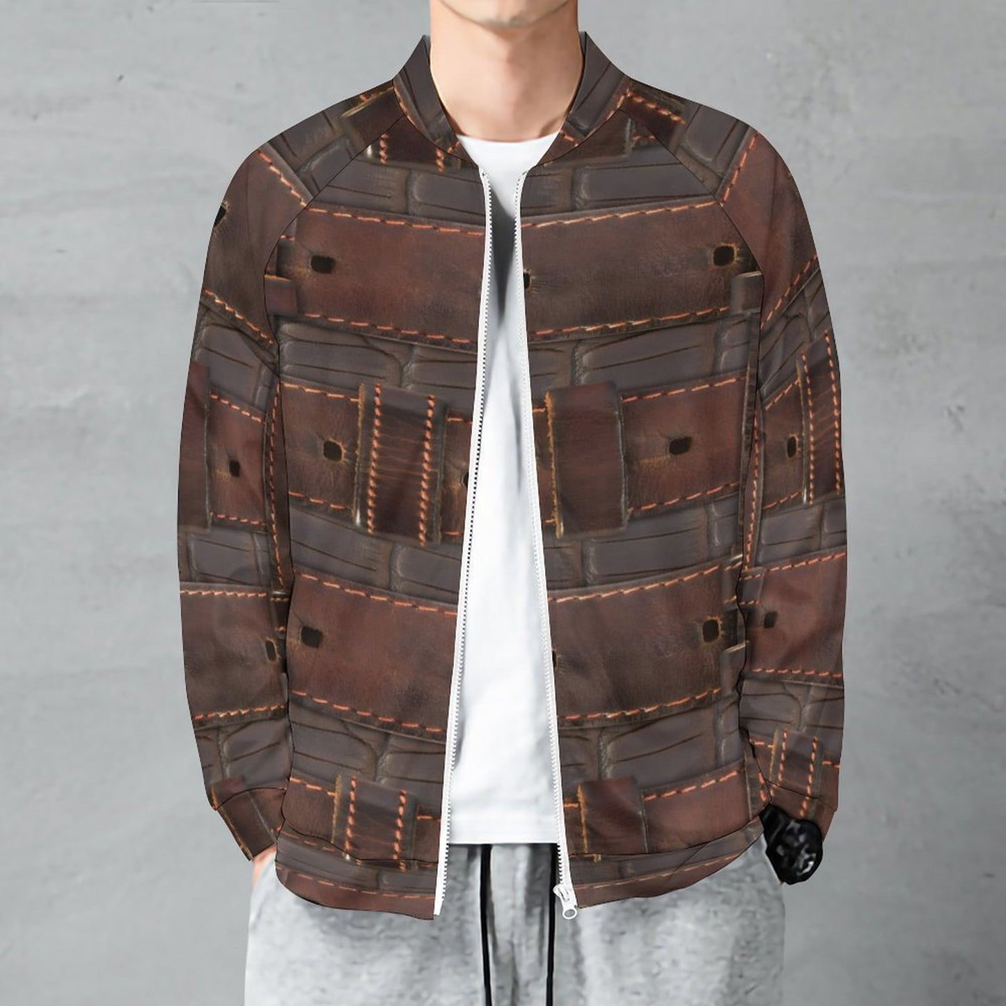 RUGGED LEATHER BUCKLE Print Raglan Zipper Jacket-SMALL-5XL
