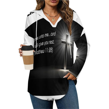 170gsm Women's V Neck Long Sleeve Hoodie(All-Over Printing)