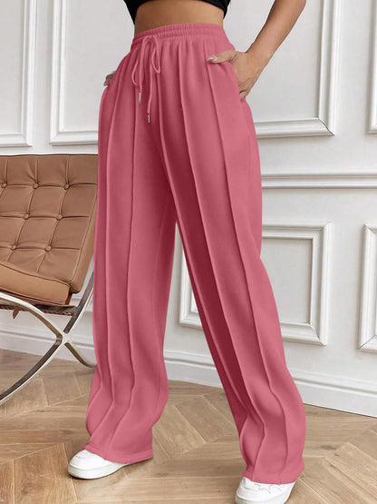 Drawstring Elastic Waist Pants with Pockets (white/black/grey/brown/dusty pink)-XS-2XL