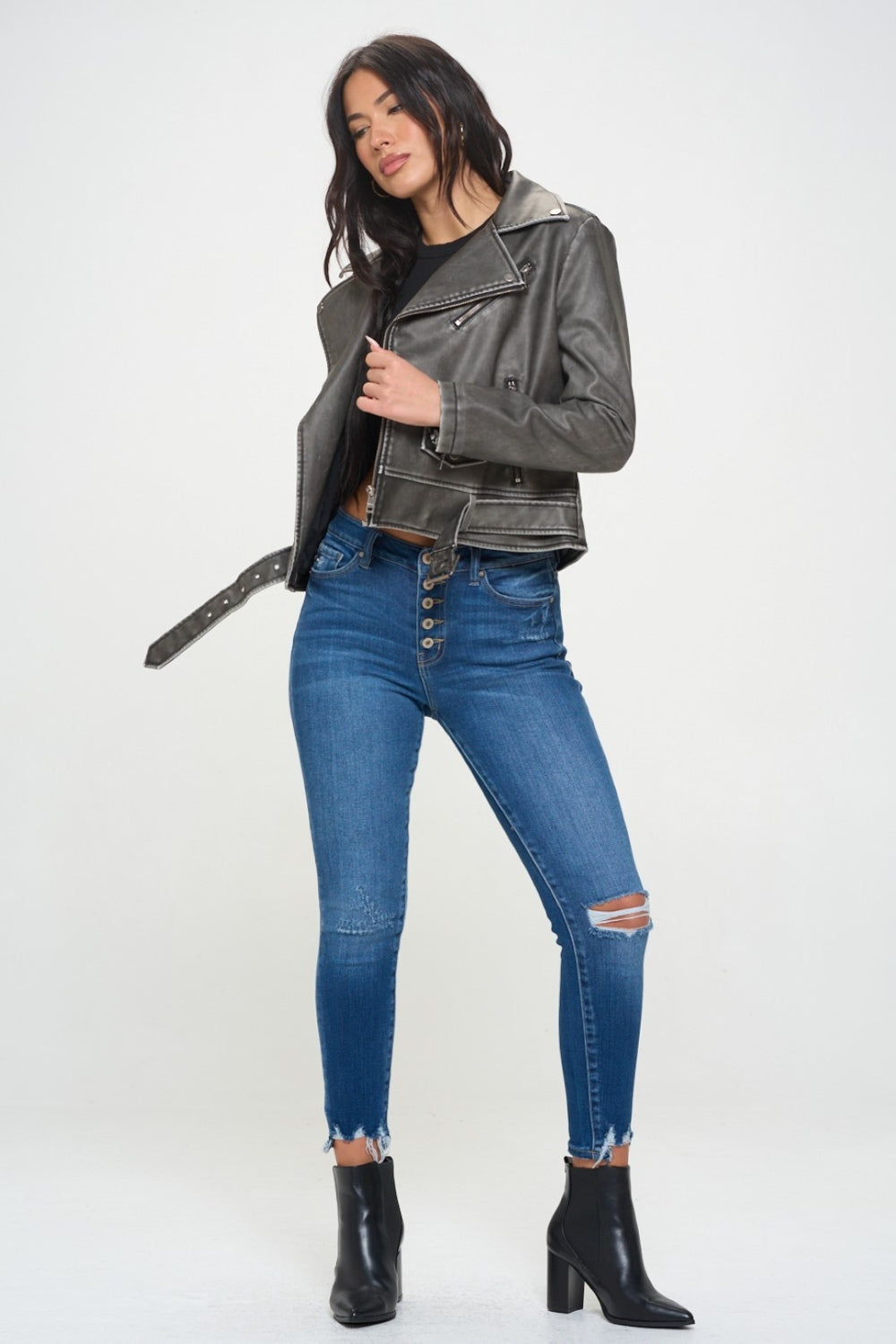 Coalition LA Zip Up Biker Vegan Leather Jacket with Belt-S-XL