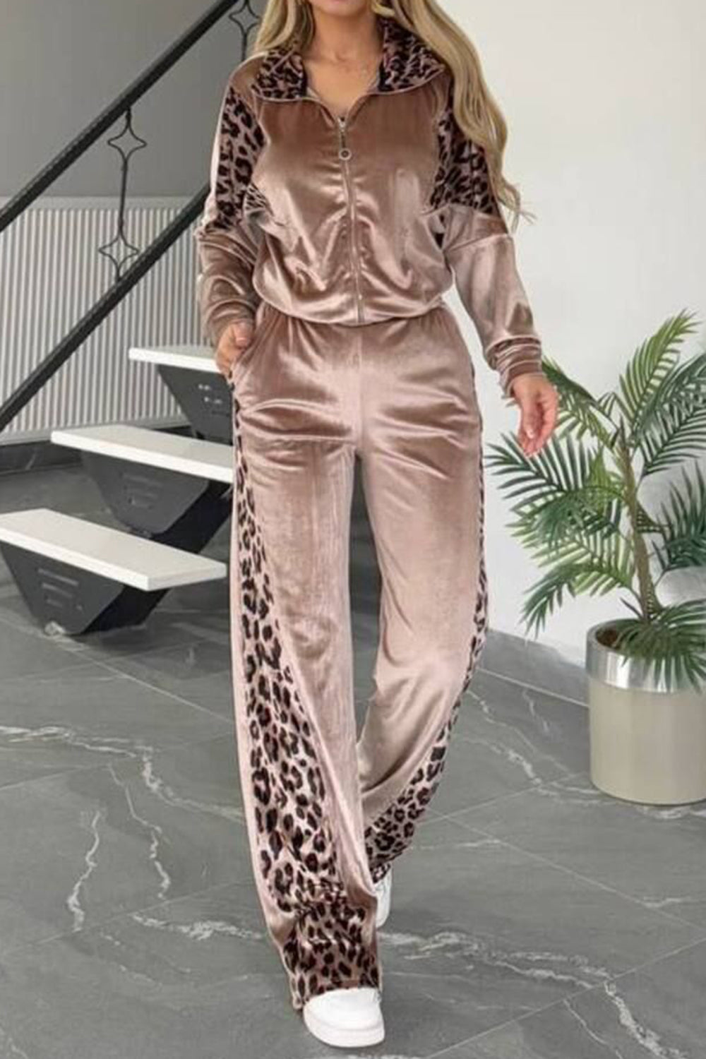 Full Size Collared Neck Leopard Zip Up Top and Pants Set Plus Size (grey/black/camel)-SMALL-3XL