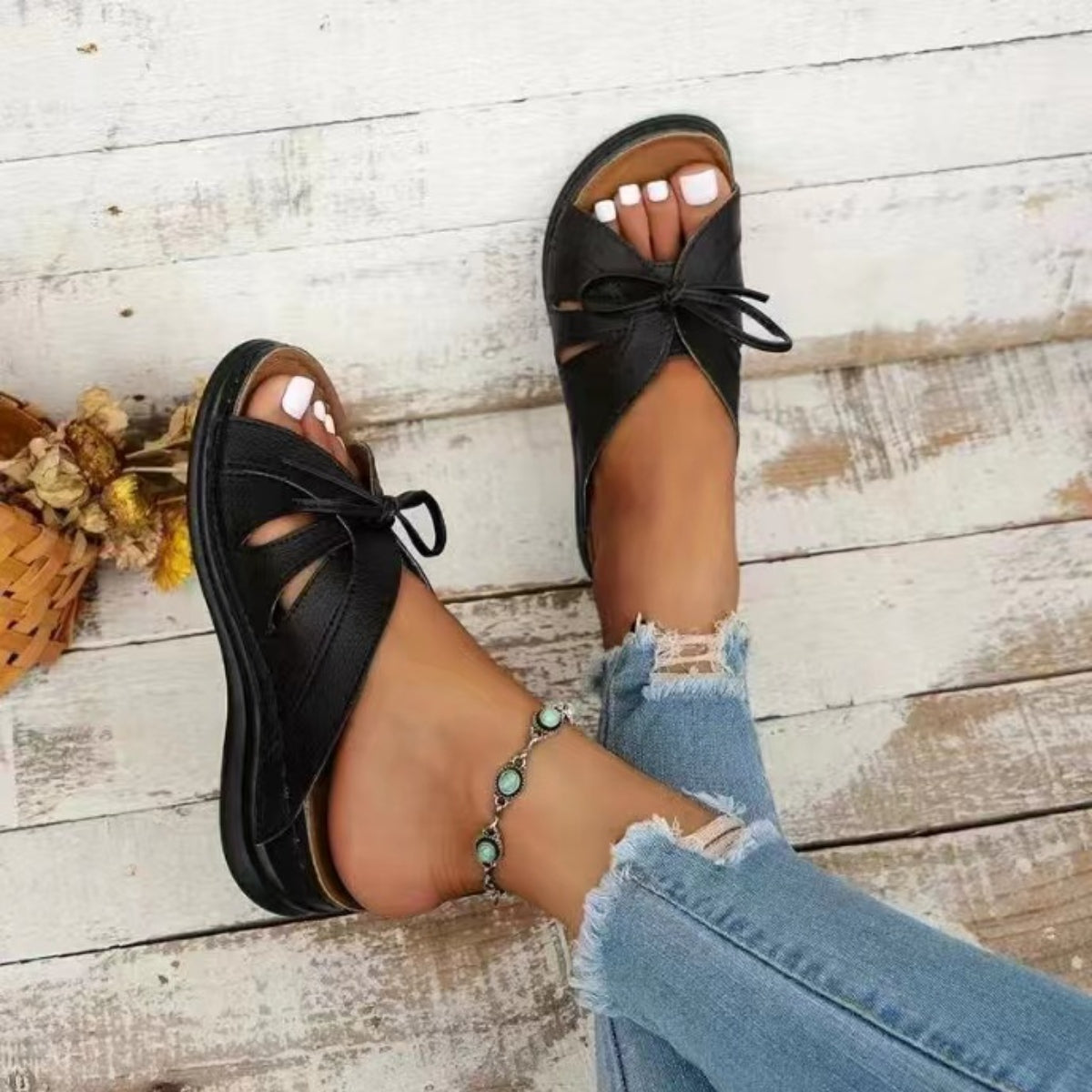 Tied Open Toe Low Heel Sandals (deep red/white/royal blue/black/light yellow)