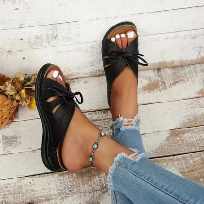 Tied Open Toe Low Heel Sandals (deep red/white/royal blue/black/light yellow)