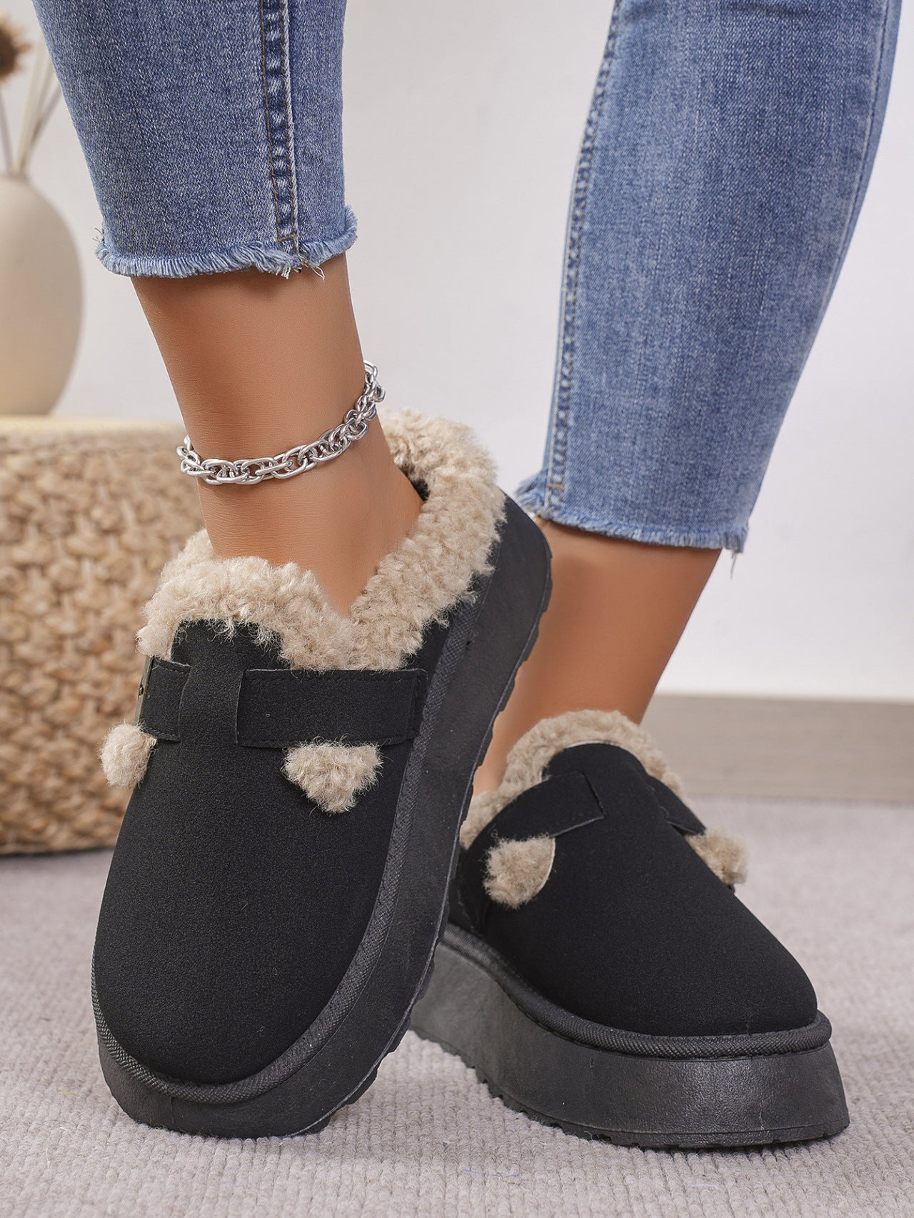 Thermal Fuzzy Buckle Platform Slippers (caramel/beige/black)