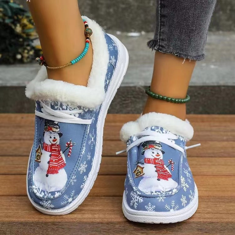 Snowman Print Round Toe Slip-On Loafers (khaki/light blue)