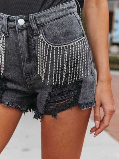 Distressed Fringe Denim Shorts with Pockets-SMALL-2XL