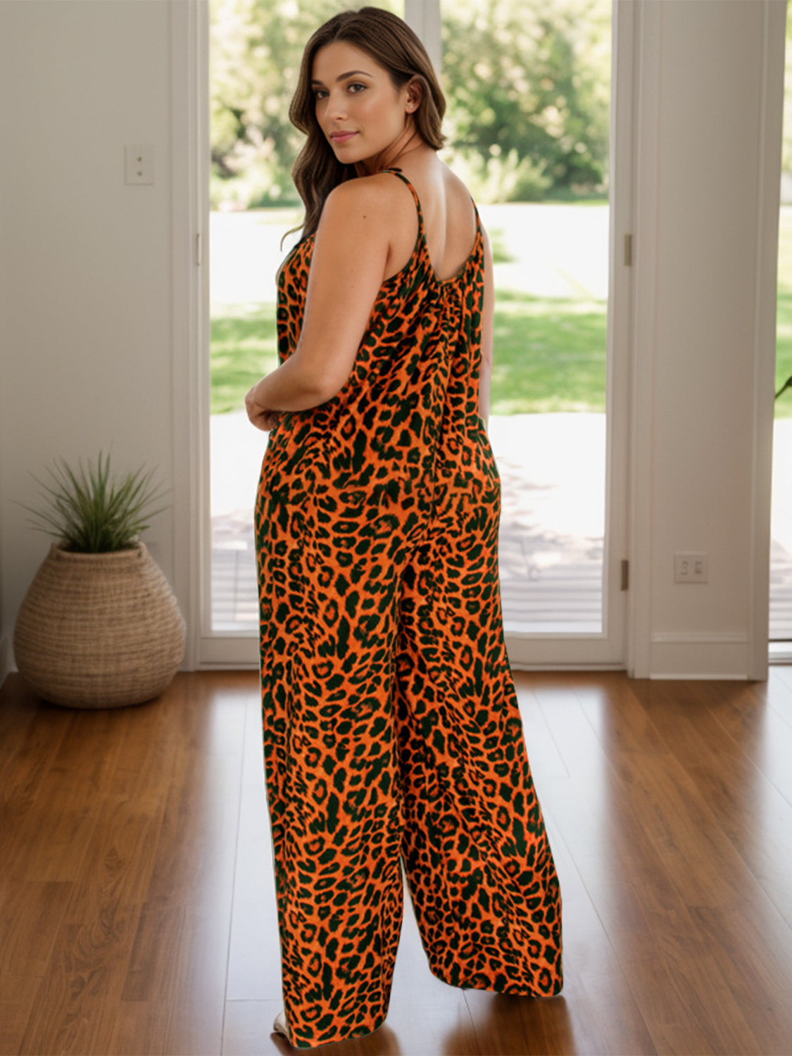 ON SALE:::Full Size Leopard Scoop Neck Wide Leg Jumpsuit-SMALL-3XL (caramel/purple/dark green/teal/yellow-green-terracotta)