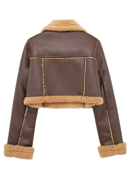 Collared Neck Long Sleeve Plush Cropped Leather Jacket (chocolate & white/black & white/mustard & white/black & reddish brown/brown & reddish brown/coffee brown/burgundy)-SMALL-LARGE
