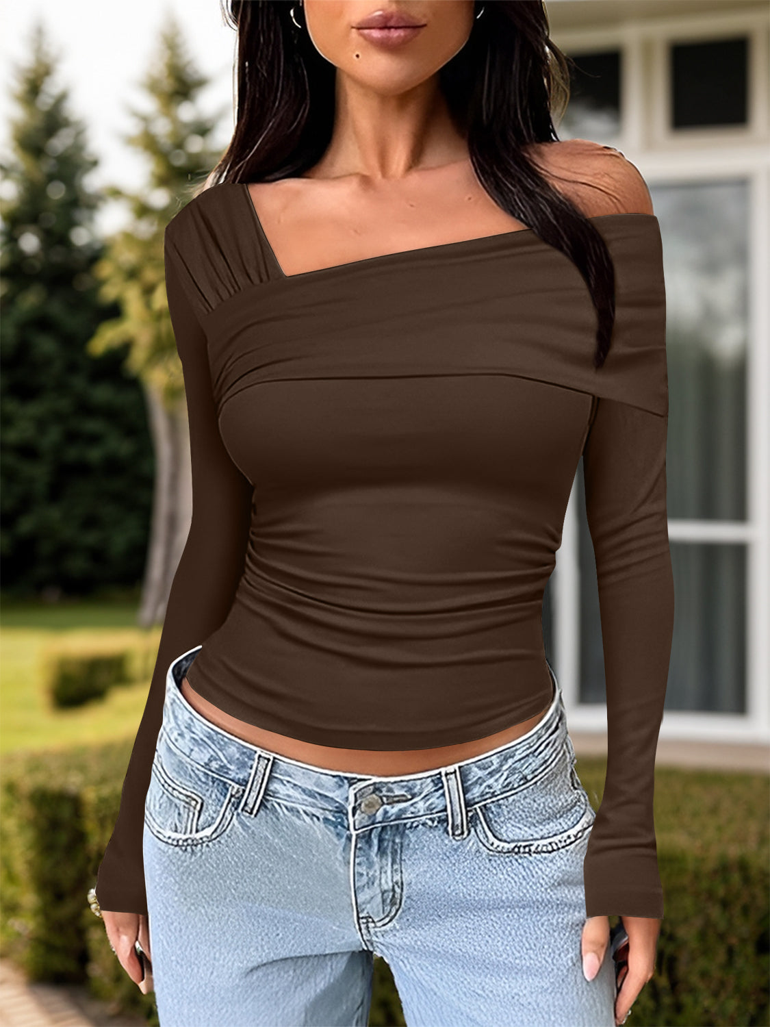 Ruched One Shoulder Long Sleeve Shirt (tan/grey/chocolate/pink/mocha/white/black)-S-XL