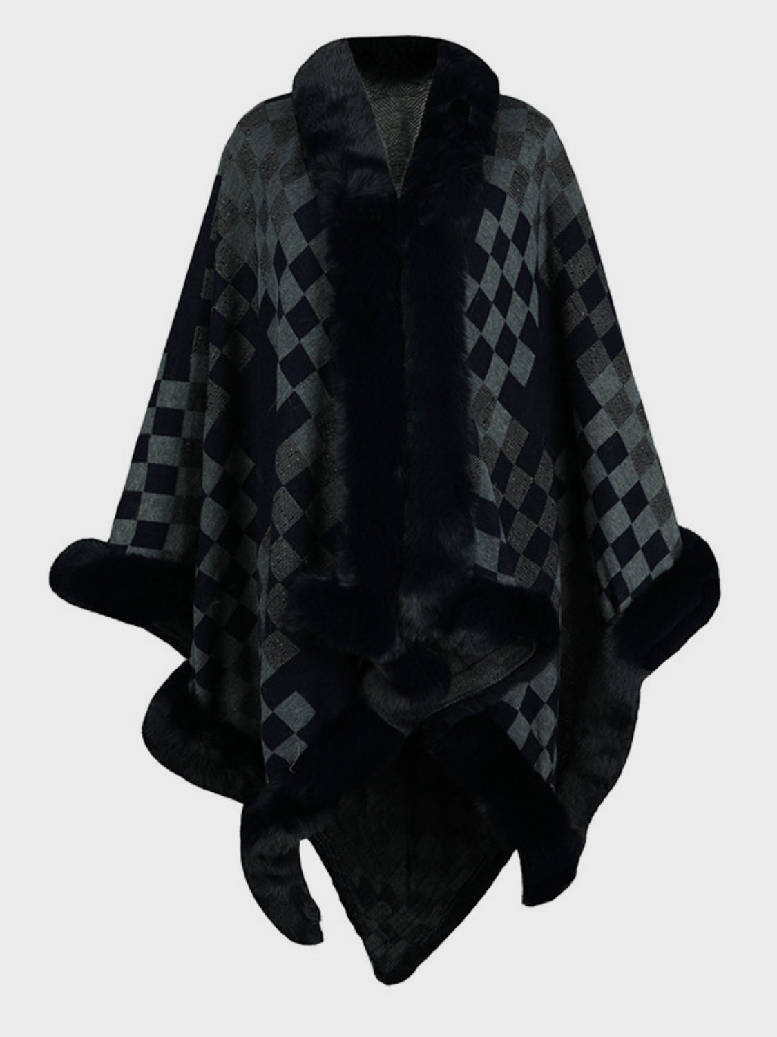 Fuzzy Checkered Long Sleeve Poncho (beige/tan/pink/navy/black)