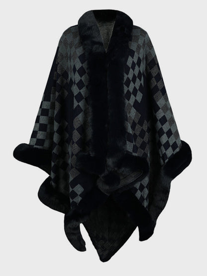 Fuzzy Checkered Long Sleeve Poncho (beige/tan/pink/navy/black)