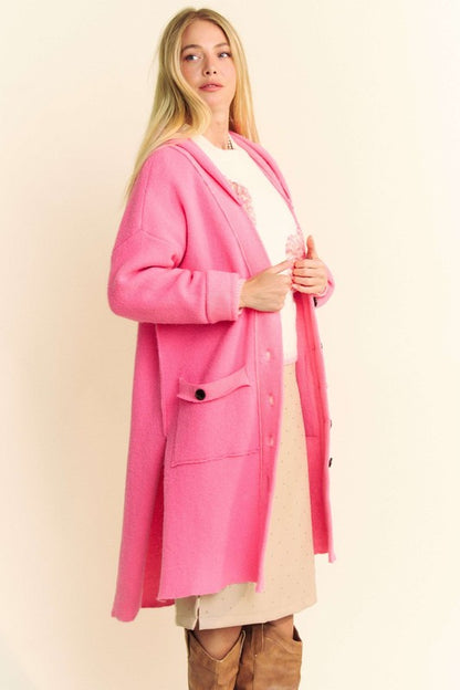 Davi & Dani Side Slit Button Up Hooded Cardigan-S/M/L
