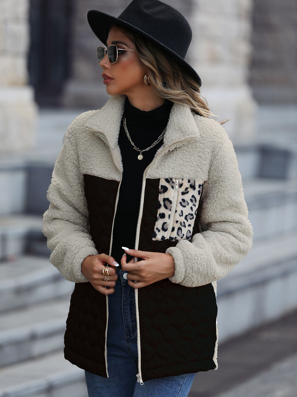 Leopard Color Block Zip-Up Jacket (caramel/green/burgundy/black/gray/orange-red-SMALL-XL