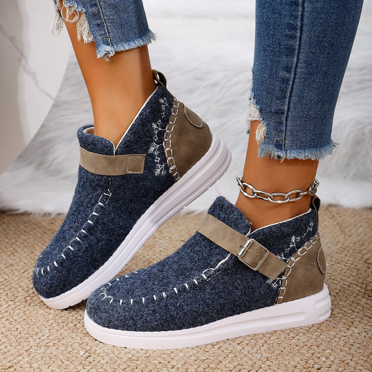 Contrast Round Toe Buckle Loafers (black/dusty blue/grey)