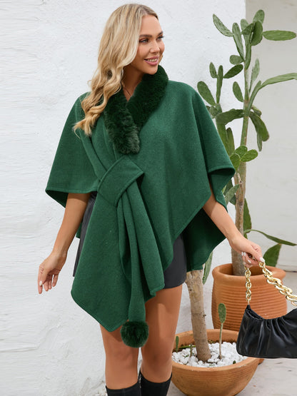 Fuzzy Trim Open Front Poncho (grey/black/green/cream/mocha/camel)