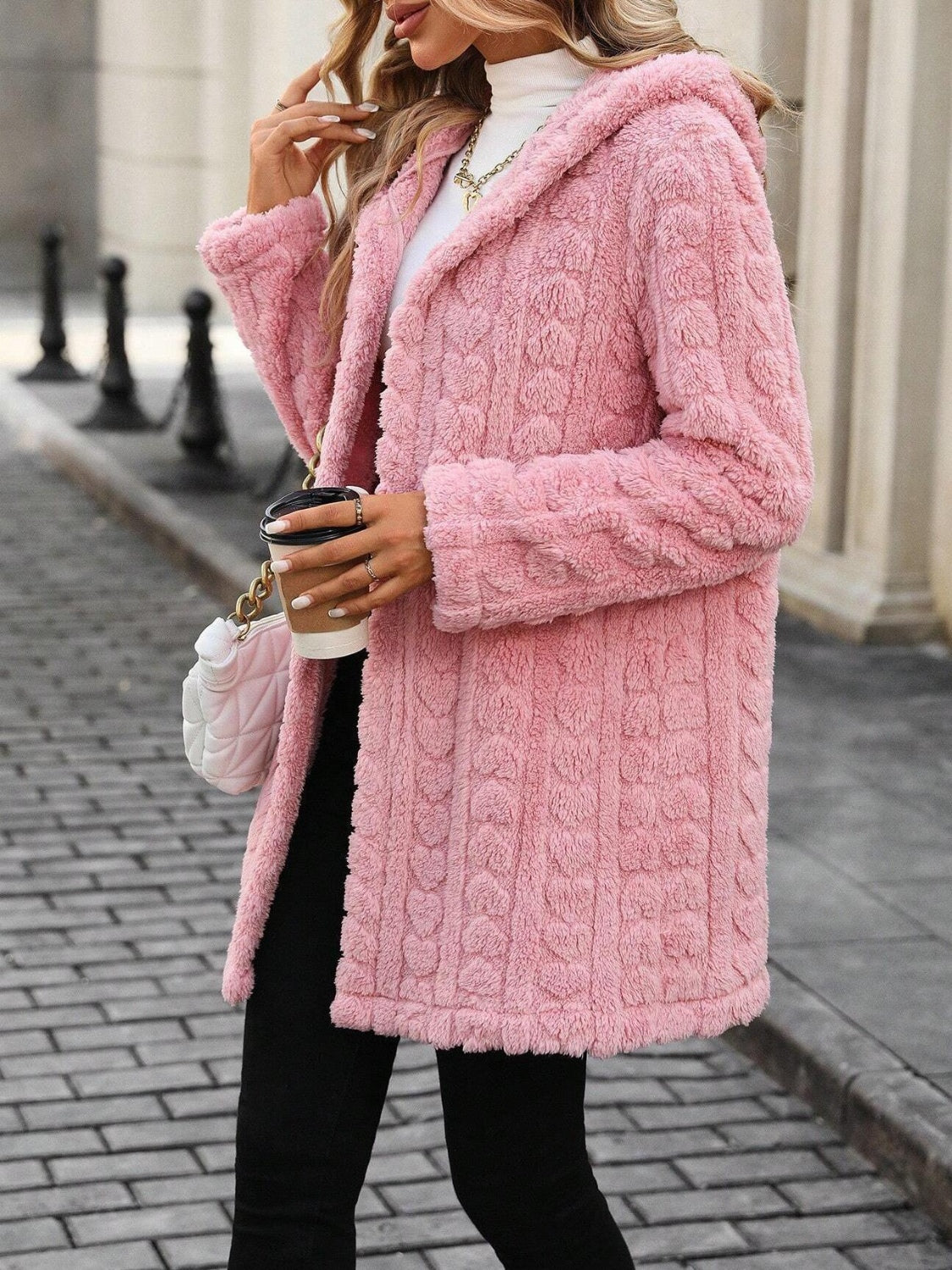 Heart Open Front Hooded Fuzzy Coat-SMALL-XL