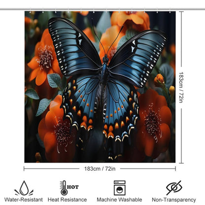 Shower Curtain Set with 3 Rugs-BLUE BUTTERFLY