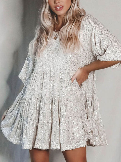 Full Size Sequin Round Neck Half Sleeve Mini Dress-SMALL-3XL (Many colors)