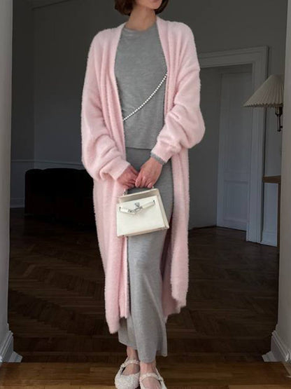 Fuzzy Open Front Solid Color Cardigan (white/tan/grey/pink/black) ONE SIZE