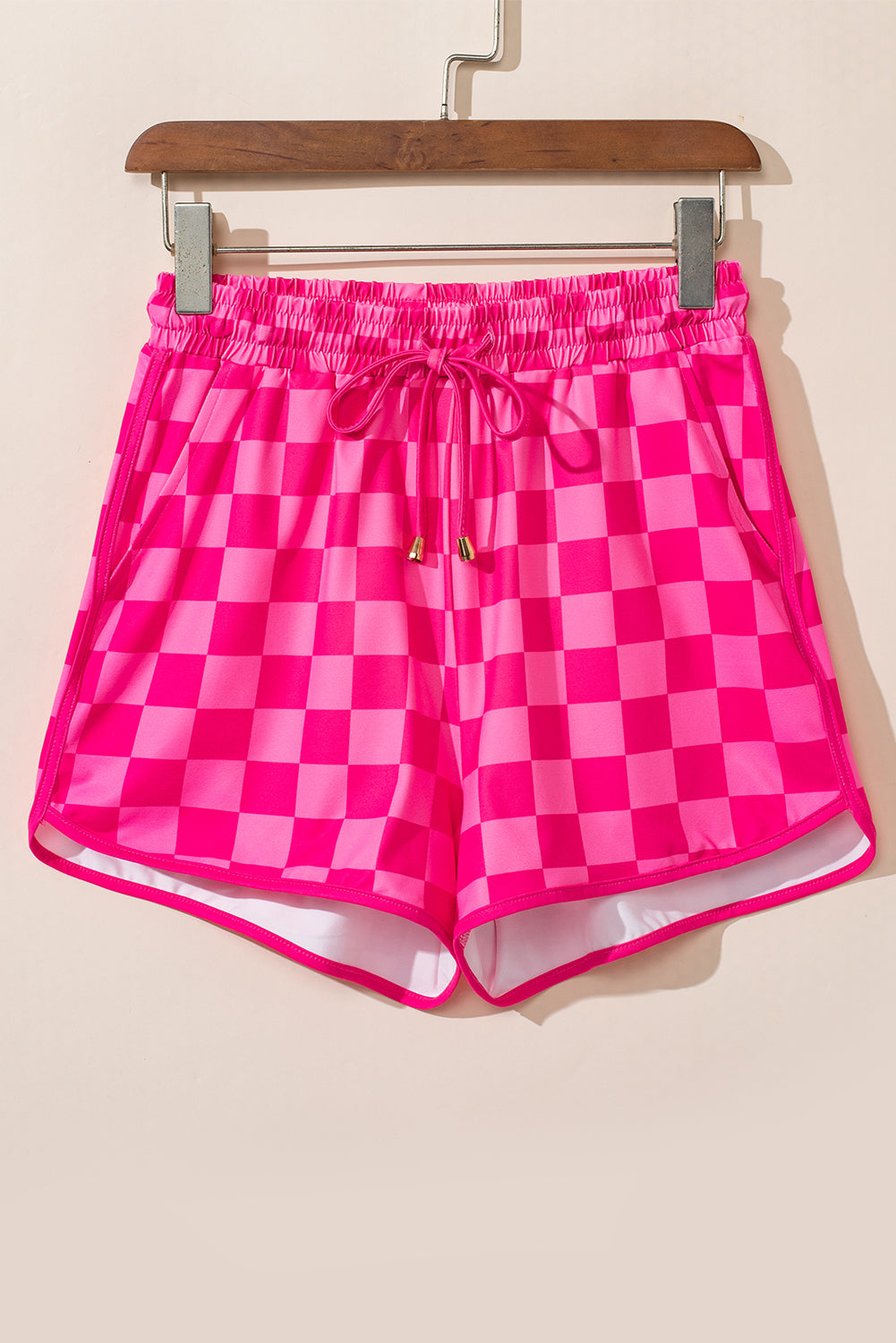 Drawstring Checkered Shorts with Pockets (black/hot pink)-S-XL
