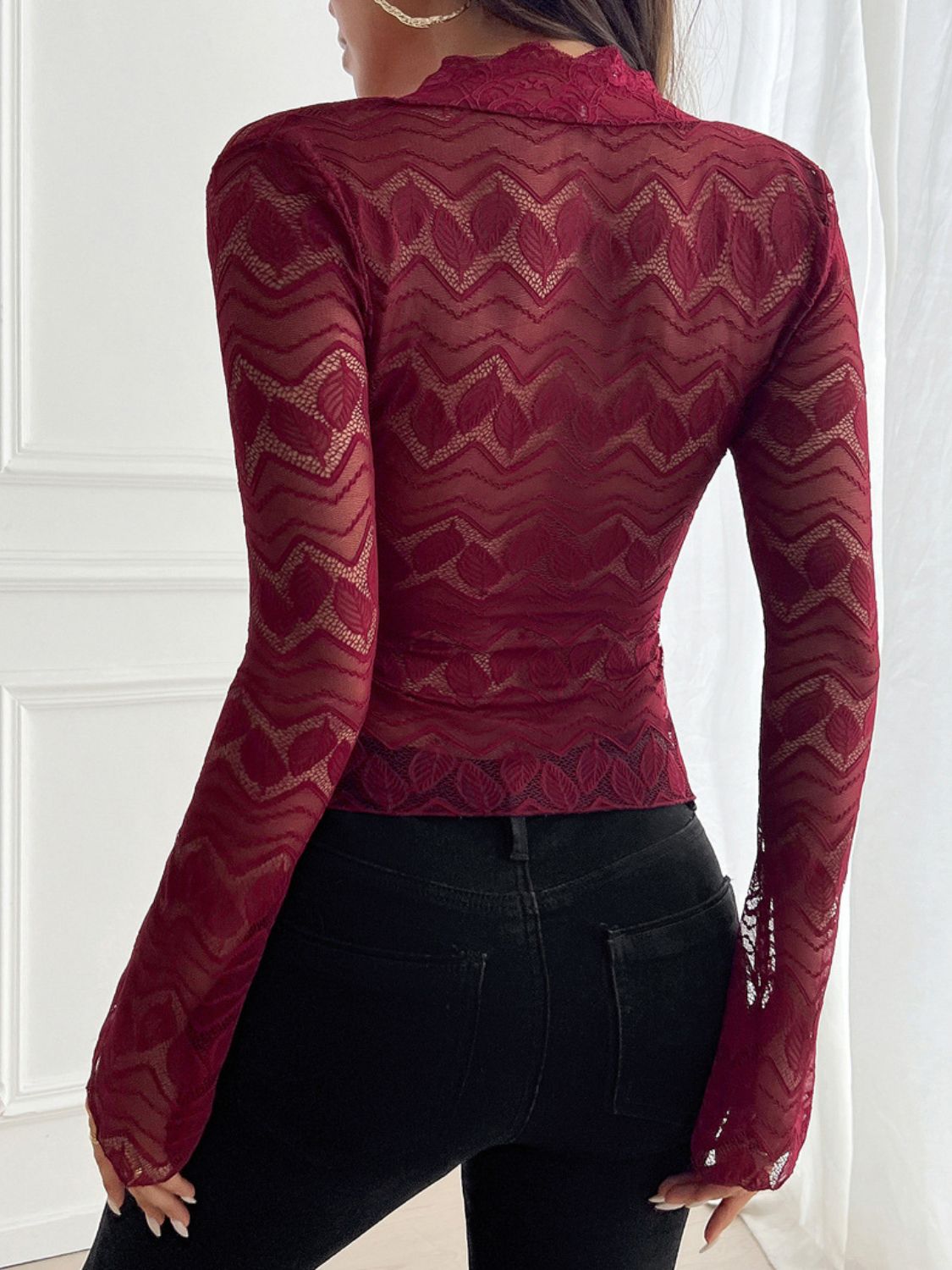 Plunge Long Sleeve Lace Top-SMALL-XL