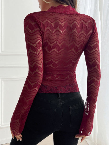 Plunge Long Sleeve Lace Top-SMALL-XL