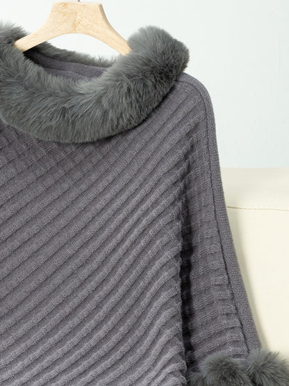 Fuzzy Trim Texture Three-Quarter Sleeve Poncho (beige/camel/grey/brown/black/burgundy)