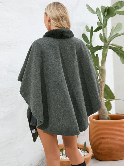 Fuzzy Trim Open Front Poncho (grey/black/green/cream/mocha/camel)