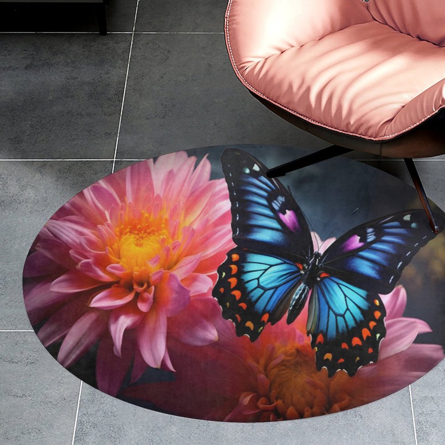 BLUE BUTTERFLY Round Coral Velvet Warm Floor Mat