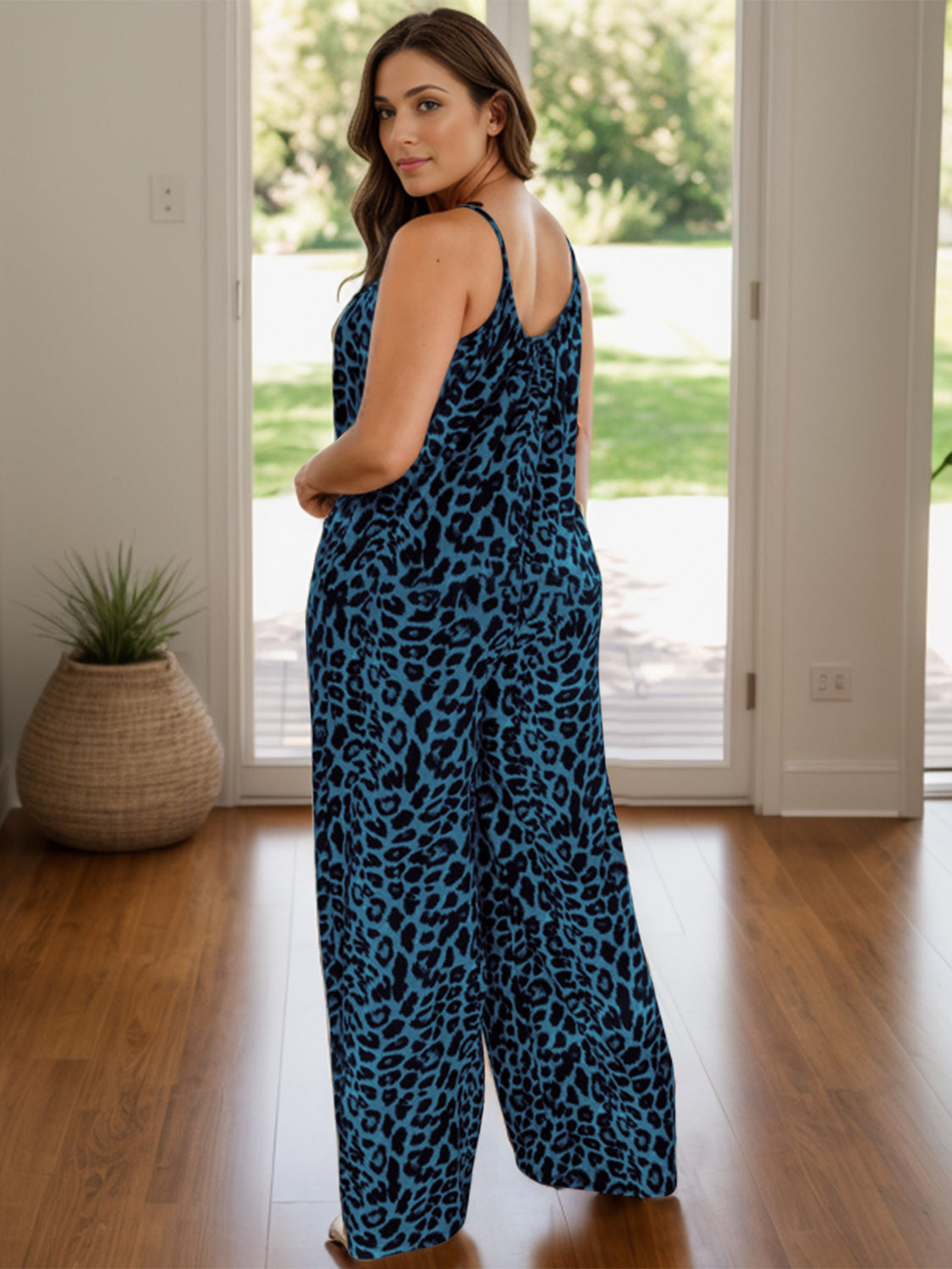 ON SALE:::Full Size Leopard Scoop Neck Wide Leg Jumpsuit-SMALL-3XL (caramel/purple/dark green/teal/yellow-green-terracotta)