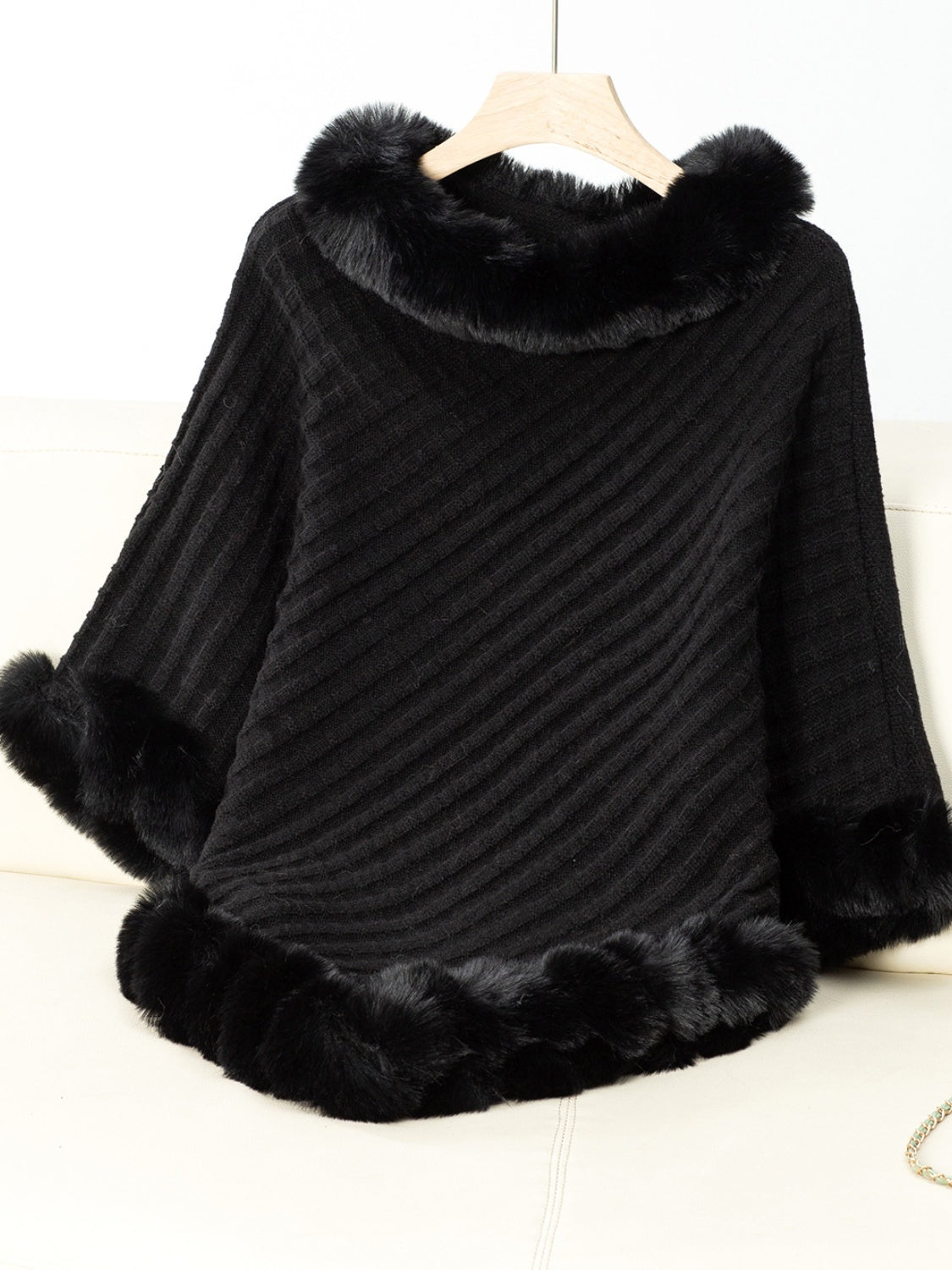 Fuzzy Trim Texture Three-Quarter Sleeve Poncho (beige/camel/grey/brown/black/burgundy)