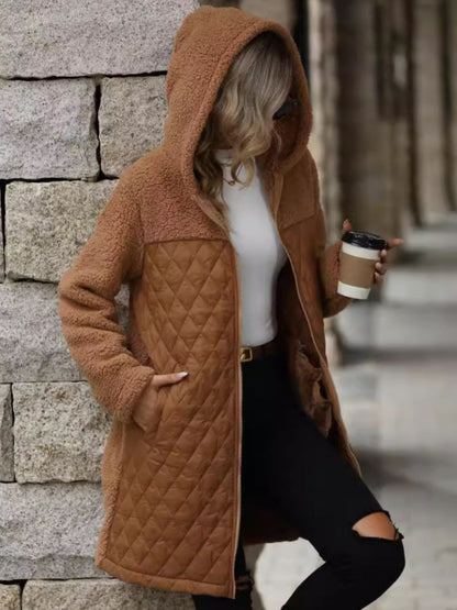 Texture Zip Up Long Sleeve Hooded Coat (caramel/off white/black/green)-SMALL-2XL)