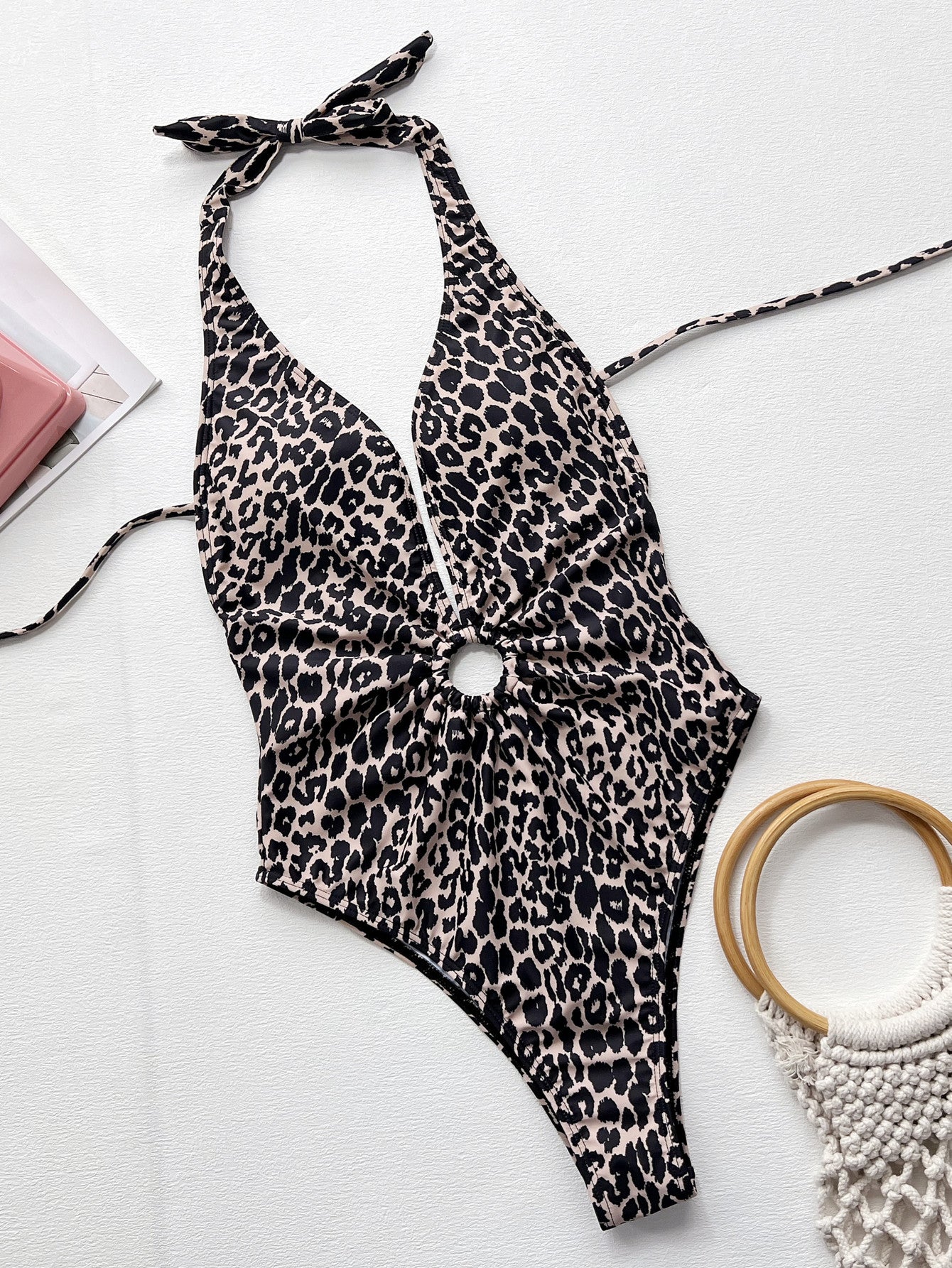Leopard Halter Neck Ring Detail One-Piece Swimsuit-S/M/L