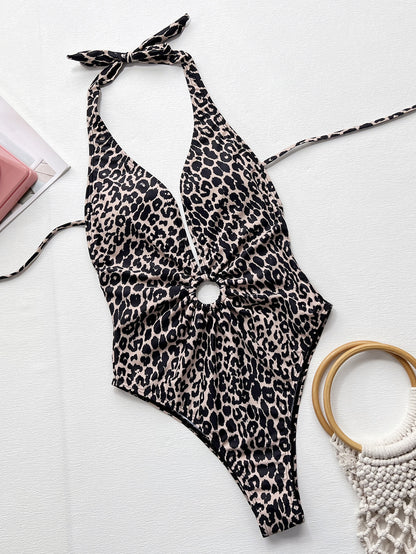 Leopard Halter Neck Ring Detail One-Piece Swimsuit-S/M/L