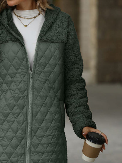 Texture Zip Up Long Sleeve Hooded Coat (caramel/off white/black/green)-SMALL-2XL)
