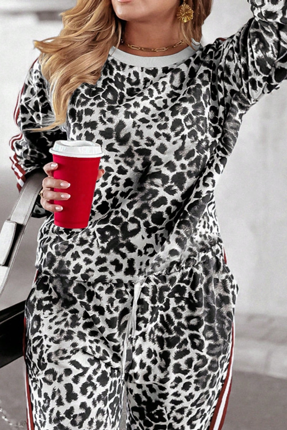 Plus Size Leopard Round Neck Top and Pants Set (camel/pastel yellow/white)-1XL-5XL