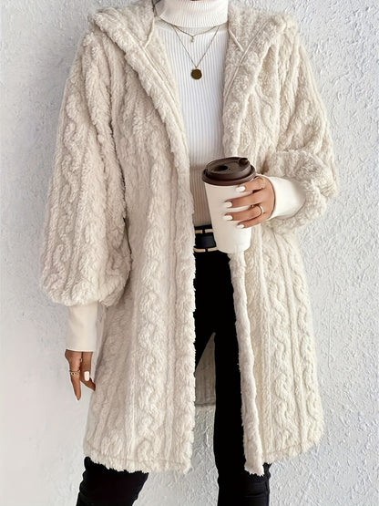 Open Front Long Sleeve Fuzzy Hooded Fur Coat-SMALL-XL