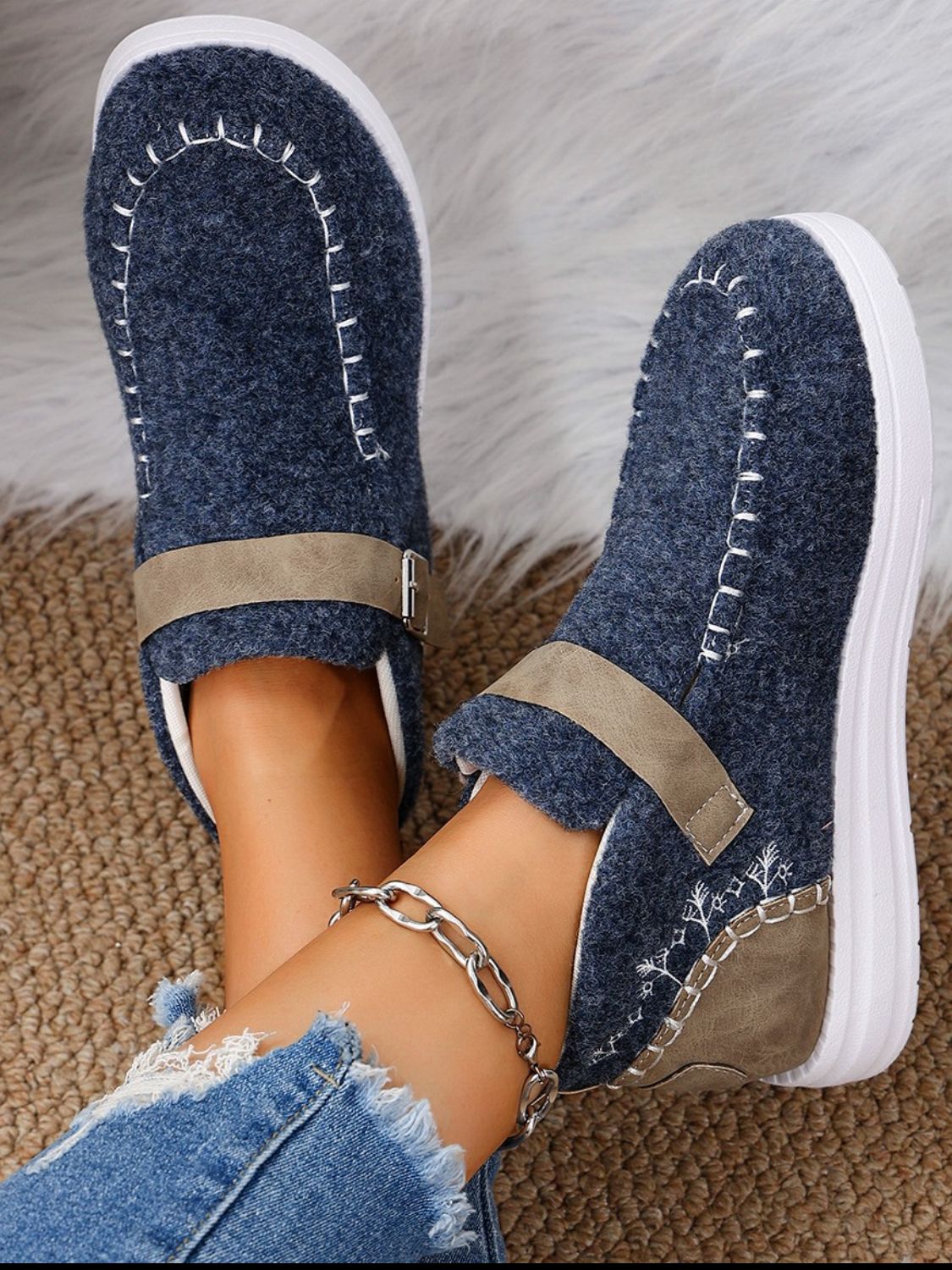 Contrast Round Toe Buckle Loafers (black/dusty blue/grey)