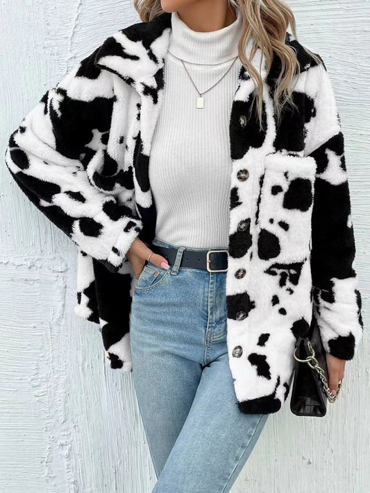 Cow Print Collared Neck Button Up Faux Fur Jacket (WHITE & BLACK/*IVORY & BLACK) -SMALL-XL