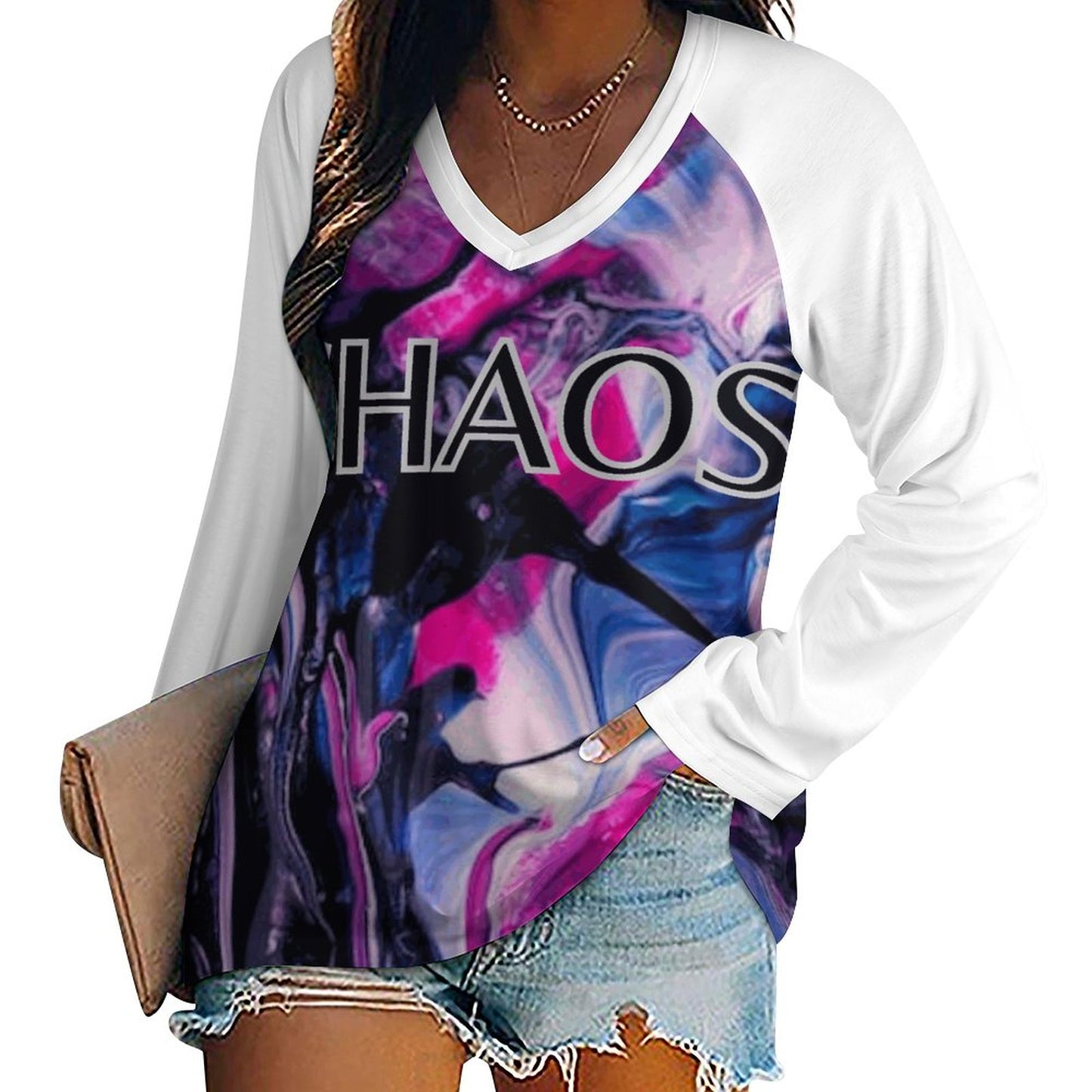 CHAOS V-neck Loose Long Sleeve T-shirt (SMALL-5XL)