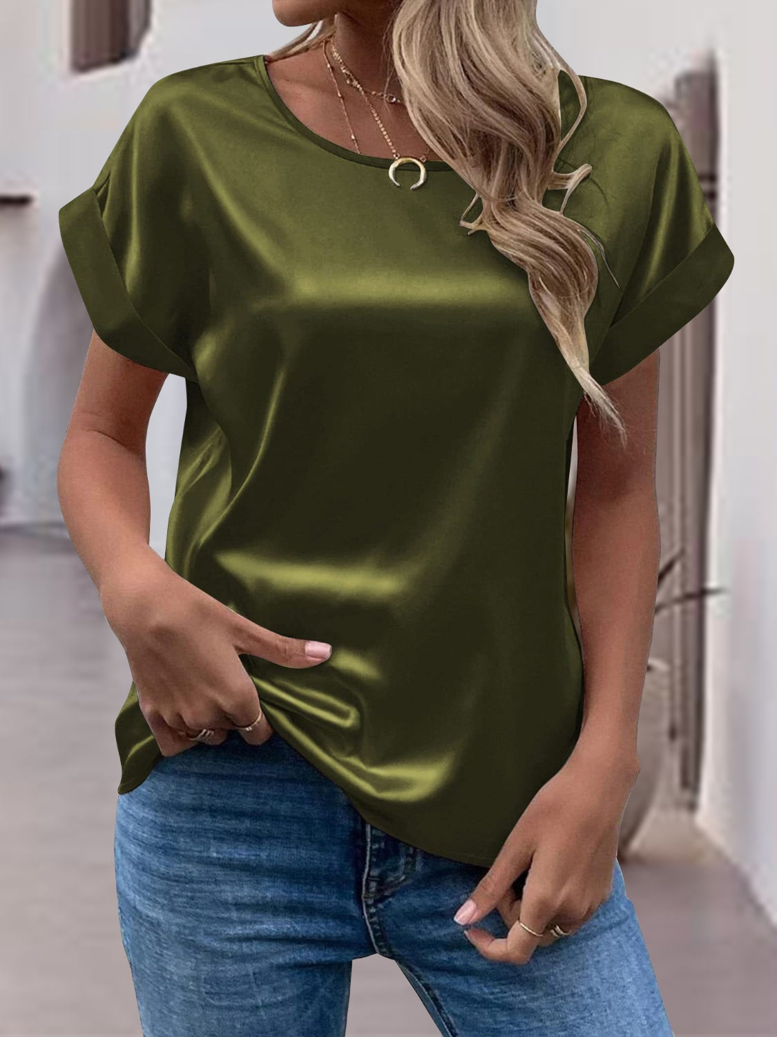 Satin Round Neck Short Sleeve Blouse (black/white/royal blue/lilac/pink/blue/burgundy/green)-SMALL-2XL
