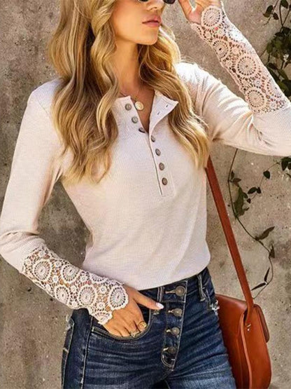 Lace Detail Half Button Round Neck Long Sleeve Shirt-S-2XL