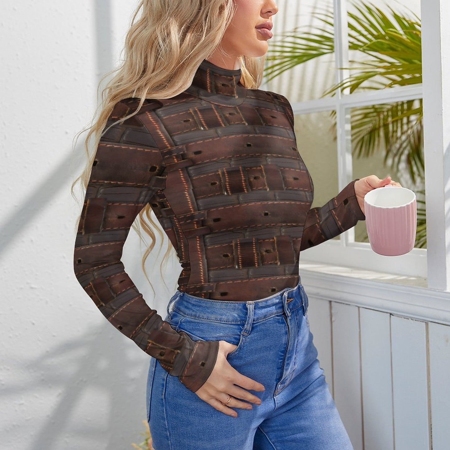 RUGGED LEATHER BUCKLE High-collar Long-sleeve Bodysuit-SMALL-2XL