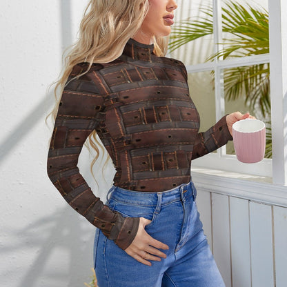 RUGGED LEATHER BUCKLE High-collar Long-sleeve Bodysuit-SMALL-2XL