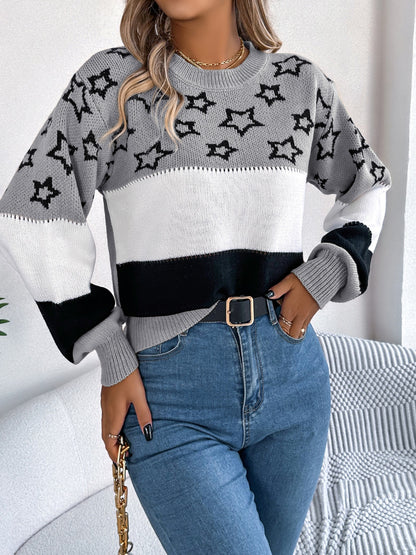 Star Contrast Round Neck Sweater-SMALL-XL