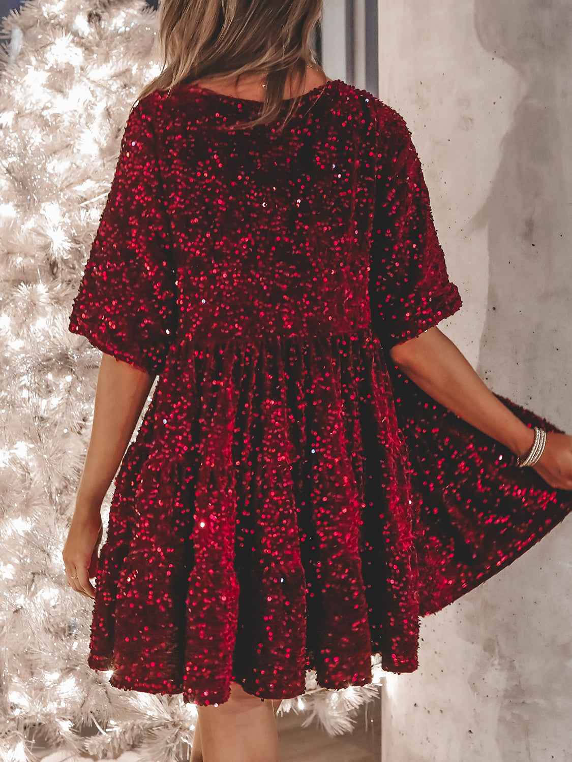 Full Size Sequin Round Neck Half Sleeve Mini Dress-SMALL-3XL (Many colors)